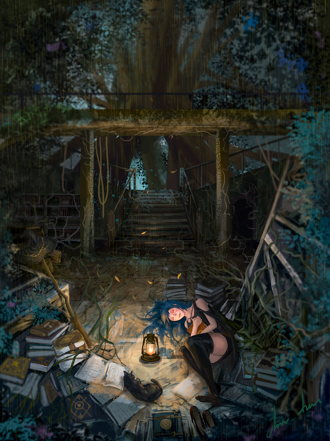 Mystical library deep within a forest