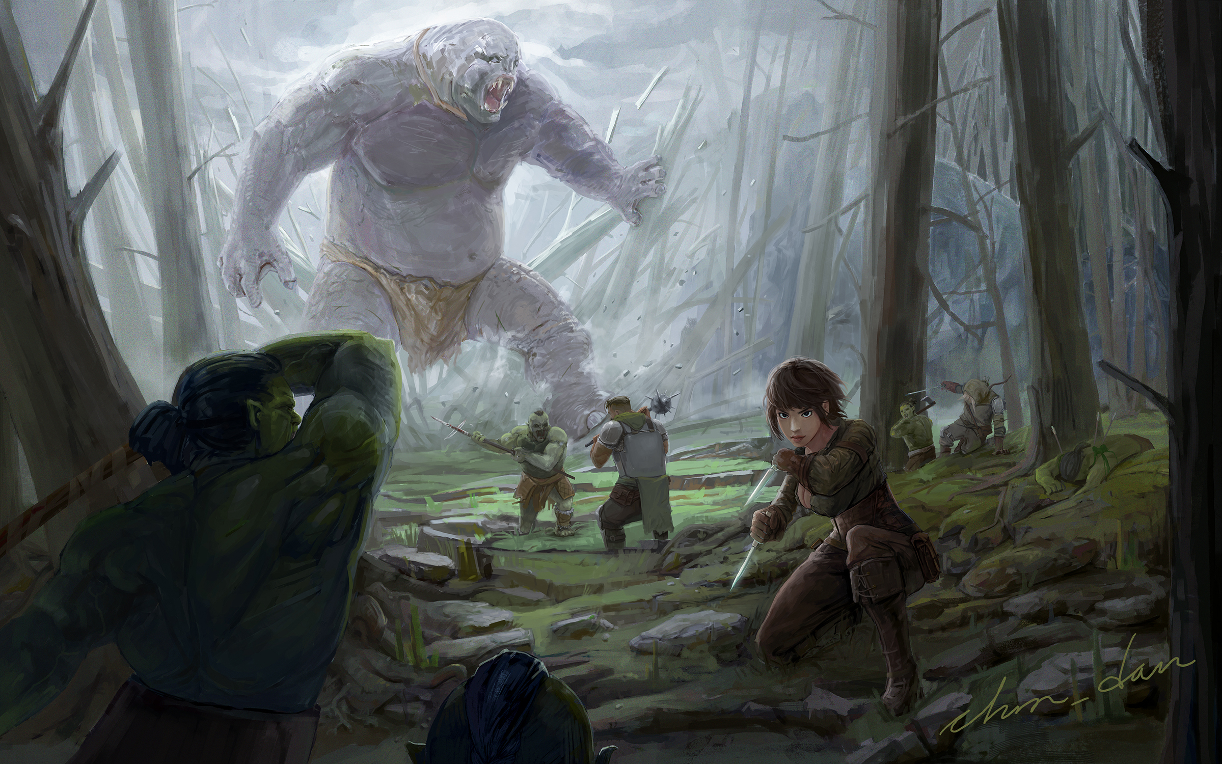 A giant creature hunting a hunter in a forest