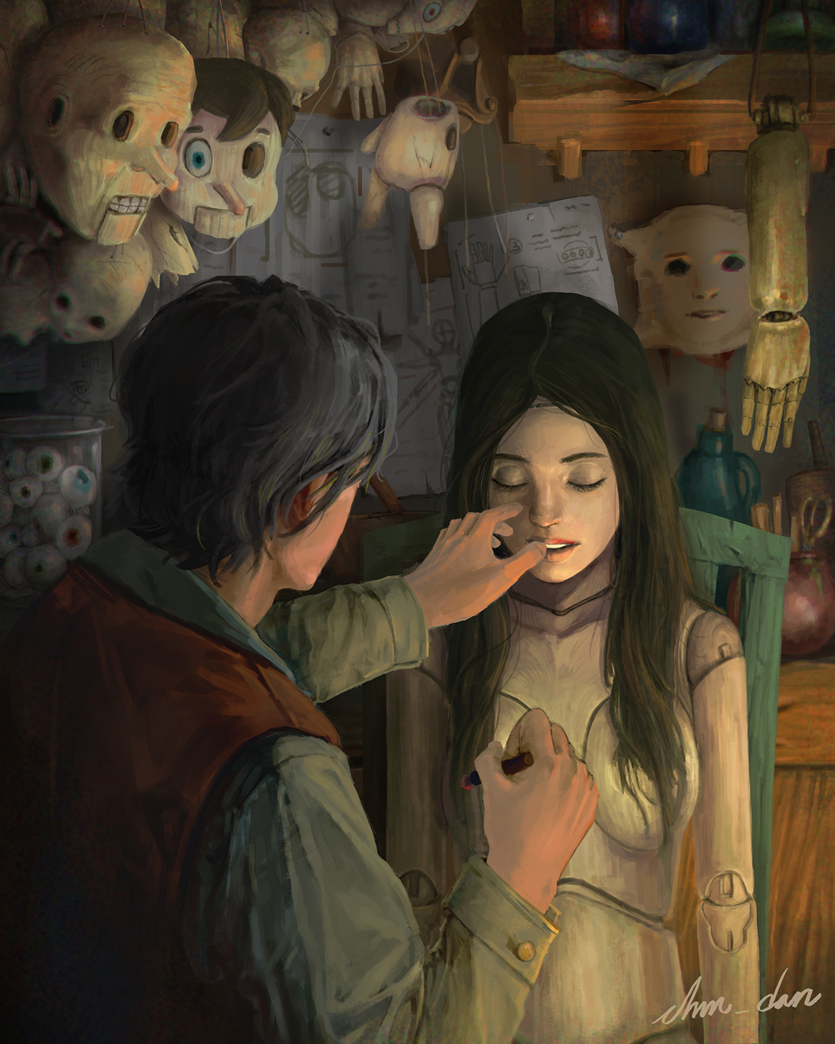 Reimagined Geppetto as a younger craftsman obsessed with his wooden dolls